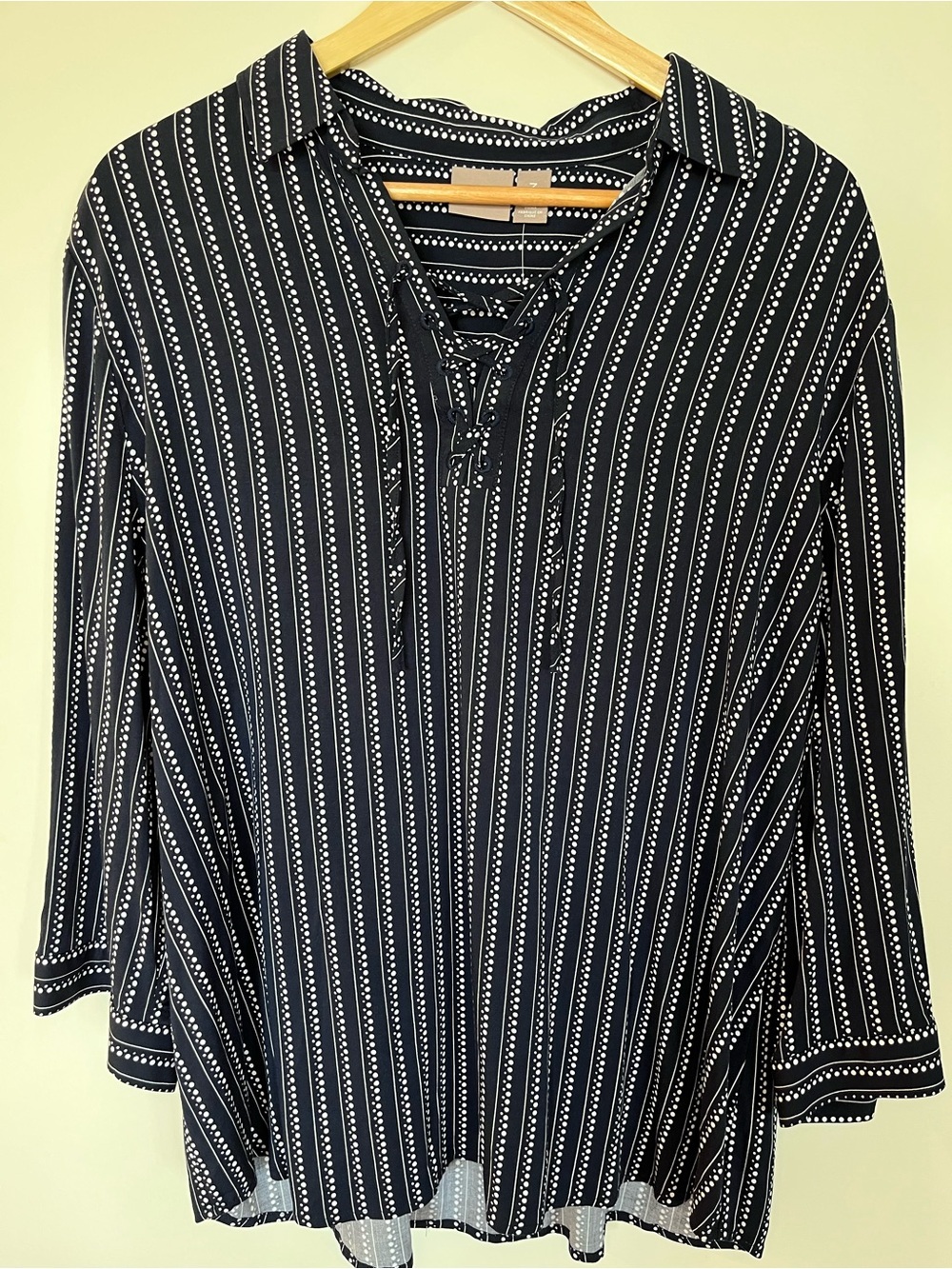Chico’s Navy Blue & White Dot-Stripe Lace-Up Blouse Size 3 (XL) NWT